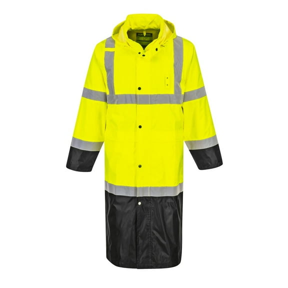Portwest UH446 Men's Contrast Raincoat Waterproof Hi Vis Reflective Long Rain Jacket Yellow/Black, 5X-Large