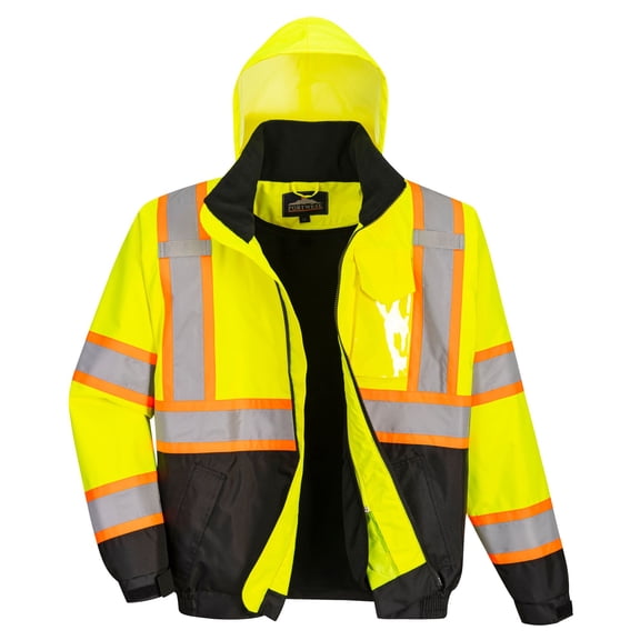 Portwest US367 Hi-Vis 2-in-1 Contrast Tape Reflective Bomber Jacket Yellow/Black, Small
