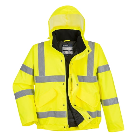 Portwest US463 Men's Waterproof Hi Vis Bomber Jacket - Winter Safety Jacket with Reflective Tape, Pockets and Hood Yellow, Large