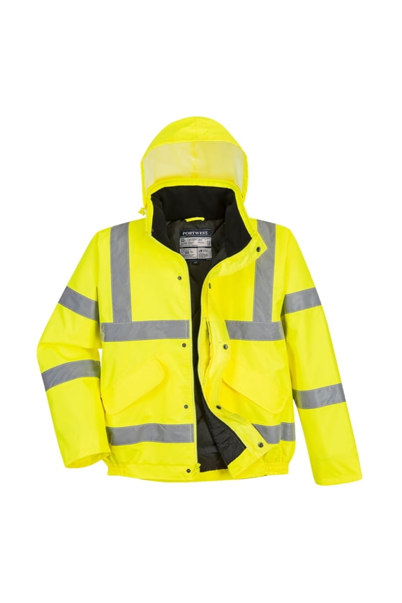 US463 Men's Waterproof Hi Vis Bomber Jacket - Winter Safety Jacket with Reflective Tape, Pockets and Hood Yellow, X-Large