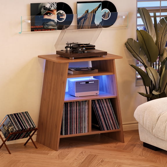 Porueti Record Player Stand With LED Light, Wood Turntable Stand with Vinyl Storage and Open Shelves, Brown