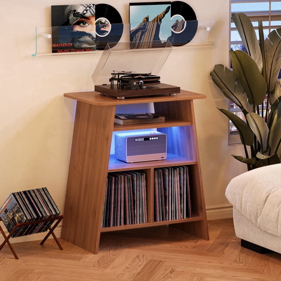 Porueti Record Player Stand With LED Light, Wood Turntable Stand with Vinyl Storage and Open Shelves, Brown