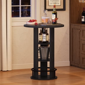 Porueti Round Bar Table with Storage and Metal Footrest, 39"H Wood Bar Pub Height Table, Space Saving Design, Black