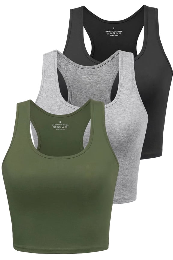 Crop Tops for Women Workout Tanks Racerback Cropped Yoga Shirts 3 Pack Black/Grey/Olive S