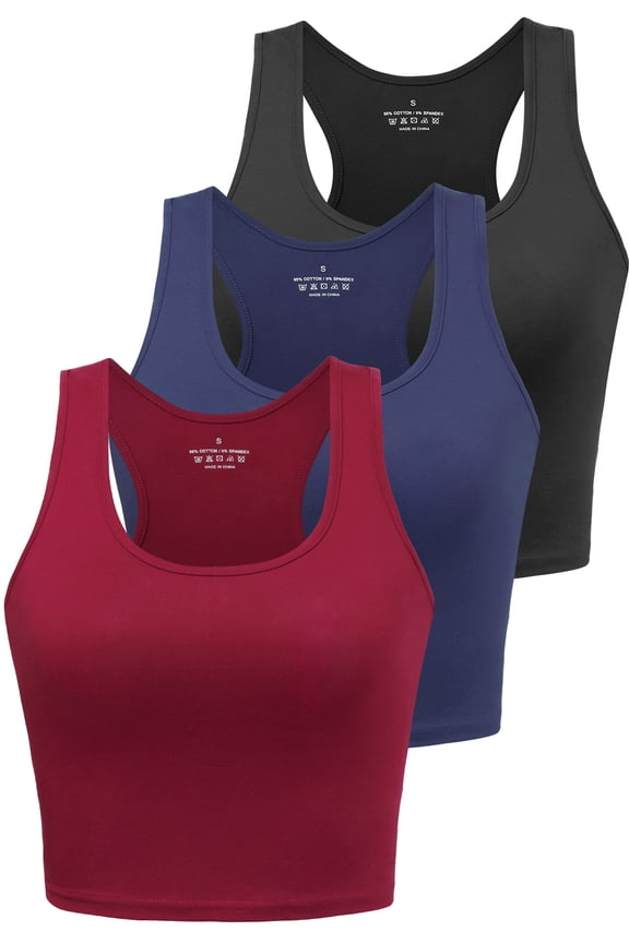 Crop Tops for Women Workout Tanks Racerback Cropped Yoga Shirts 3 Pack Black/Navy/Burgundy S