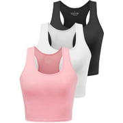 Porvike Crop Tops for Women Workout Tanks Racerback Cropped Yoga Shirts 3 Pack Black/White/Pink L