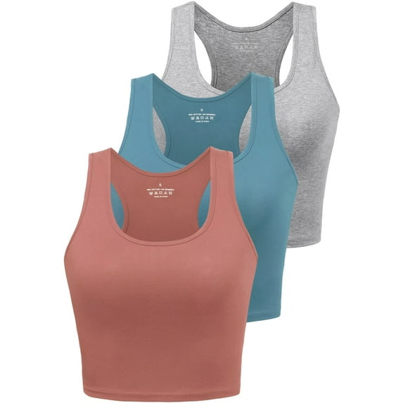 Porvike Crop Tops for Women Workout Tanks Racerback Cropped Yoga Shirts 3 Pack Blue/Grey/Red S