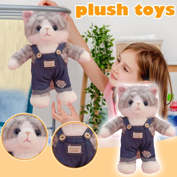 Posable Cat in Denim Overalls Plush, Realistic Kitty Stuffed Animal with Skeleton Frame