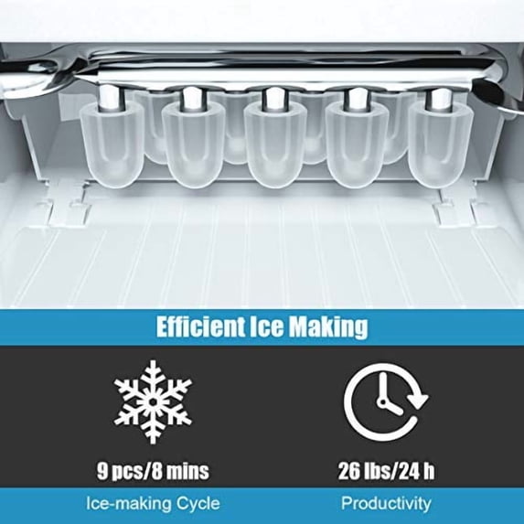 Posdutti Ice Maker Machine for Countertop, Bullet-Shaped Ice Cubes Ready in 8 Mins, 26Lbs/24H Portable Electric Ice Maker w/Basket & Scoop, Self-Cleaning Function, Perfect for Home