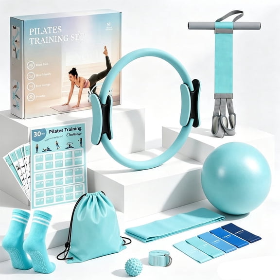 PoseFree 14-Piece Pilates Essentials Kit for Women, Yoga Set with Ring, Pedal Resistance Band, Booty Bands, Yoga Strap, Home Gym Workout Equipment for Beginners