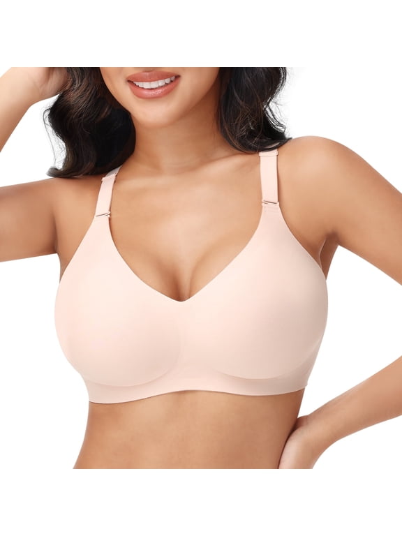 Wireless Bras for Women - Full Coverage Back Smoothing - Push Up Bra No Underwire with Soft Padded Support Nude L