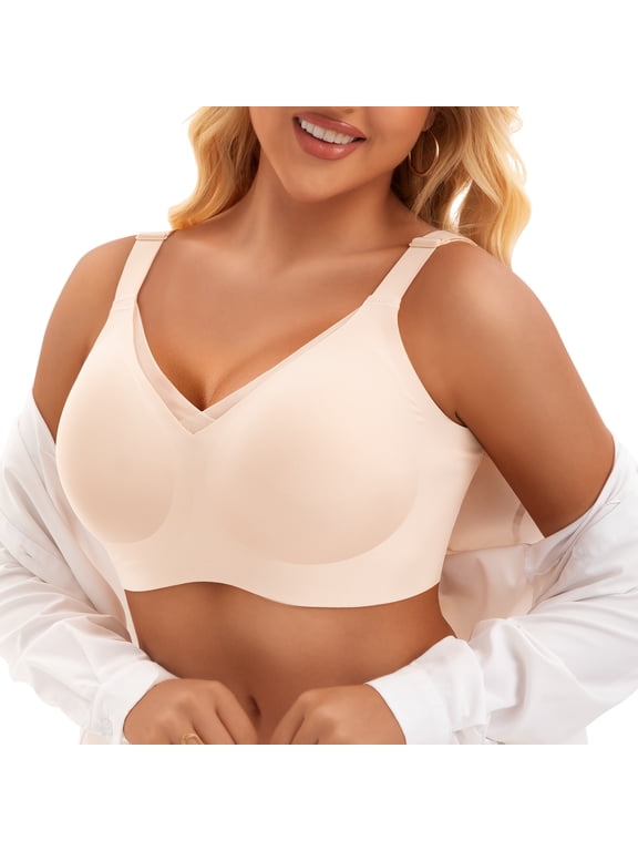 Women's Full Coverage Wireless Bra, Seamless Comfort Bralette with V-Mesh for Everyday Wear,Nude,L