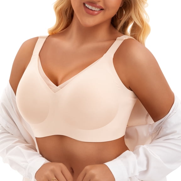 PoseFree Women's Full Coverage Wireless Bra, Seamless Comfort Bralette with V-Mesh for Everyday Wear,Nude,M