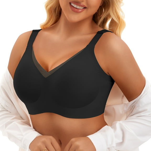 PoseFree Women's Full Coverage Wireless Bra, Seamless Comfort Bralette with V-Mesh for Everyday Wear, Black XL