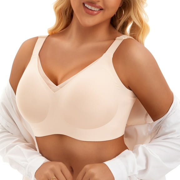 PoseFree Women's Full Coverage Wireless Bra, Seamless Comfort Bralette with V-Mesh for Everyday Wear,Nude,XL
