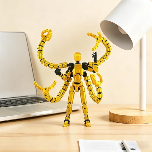 Poseable 3D Printed Mannequin Toy with Interchangeable Hands and Legendary Swords for Creative DIY Assembly and Office Decoration, Yellow 7x5 Inch