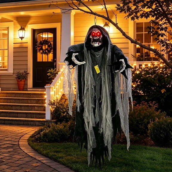 Whole Save Direct 5.7 FT Halloween Hanging Ghost Decoration, Motion Sensor Red LED Eyes & Screaming Sound, Poseable Grim Reaper Yard Prop, Black