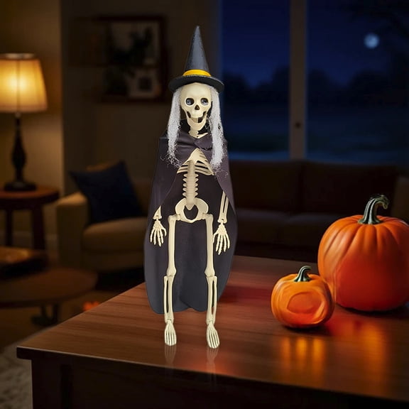 Poseable Halloween Skeleton Decoration, 15.7 Inch Movable Joint Skeleton with Fabric for Haunted Party Yard Display