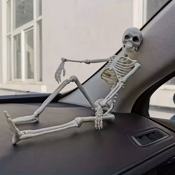 Poseable Mini Human Skeleton Figurine 16 Inches with Movable Joints for Halloween Decor, Spooky Car Ornament and Haunted House Party Prop, Realistic Plastic Bone Statue