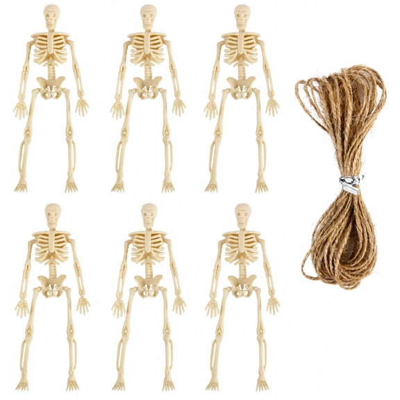 Poseable Mini Skeleton Figurines with Jute String 6 Pack