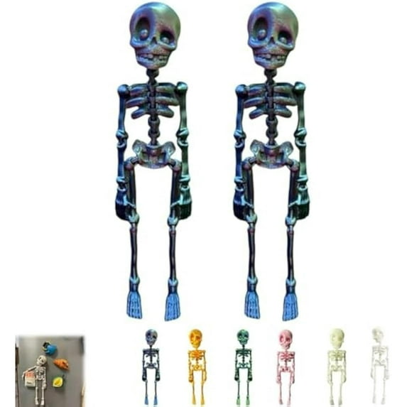 Poseable Skeleton Fridge Magnet, 2PCS 3D Mini Skeletons with Movable Joints Fridge Magnets, Multi-Colors Skull Decor, Funny Goth Human Skeleton Magnetic Accents for Refrigerator, Kitchen