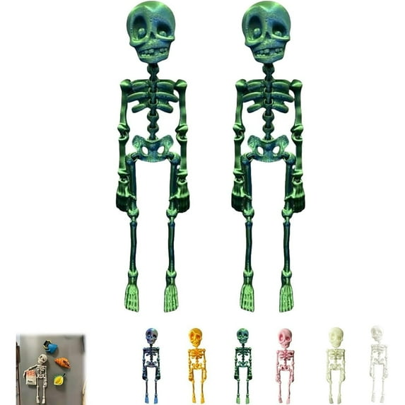Poseable Skeleton Fridge Magnet, 2PCS 3D Mini Skeletons with Movable Joints Fridge Magnets, Multi-Colors Skull Decor, Funny Goth Human Skeleton Magnetic Accents for Refrigerator, Kitchen, Blue Green
