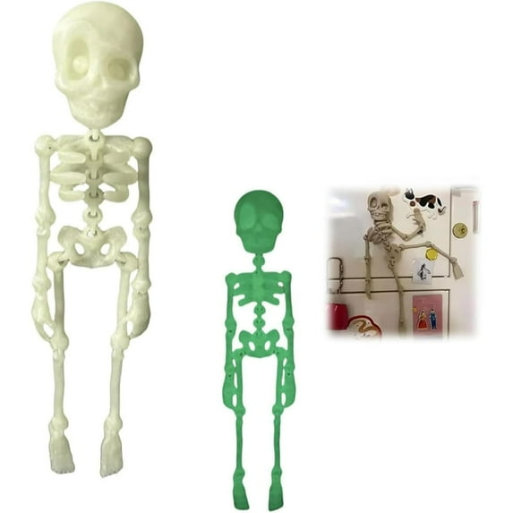 Poseable Skeleton Fridge Magnet, 3D Mini Skeletons with Movable Joints Fridge Magnets, Multi-Colors Skull Decor, Funny Goth Human Skeleton Magnetic Accents for Refrigerator, Kitchen,Night Green