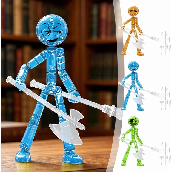 Poseable Stickman Action Figure, 12cm Glow in The Dark Translucent Dummy with 3 Interchangeable Weapons, Flexible Articulated Desk Decor for Stop Motion Collectors