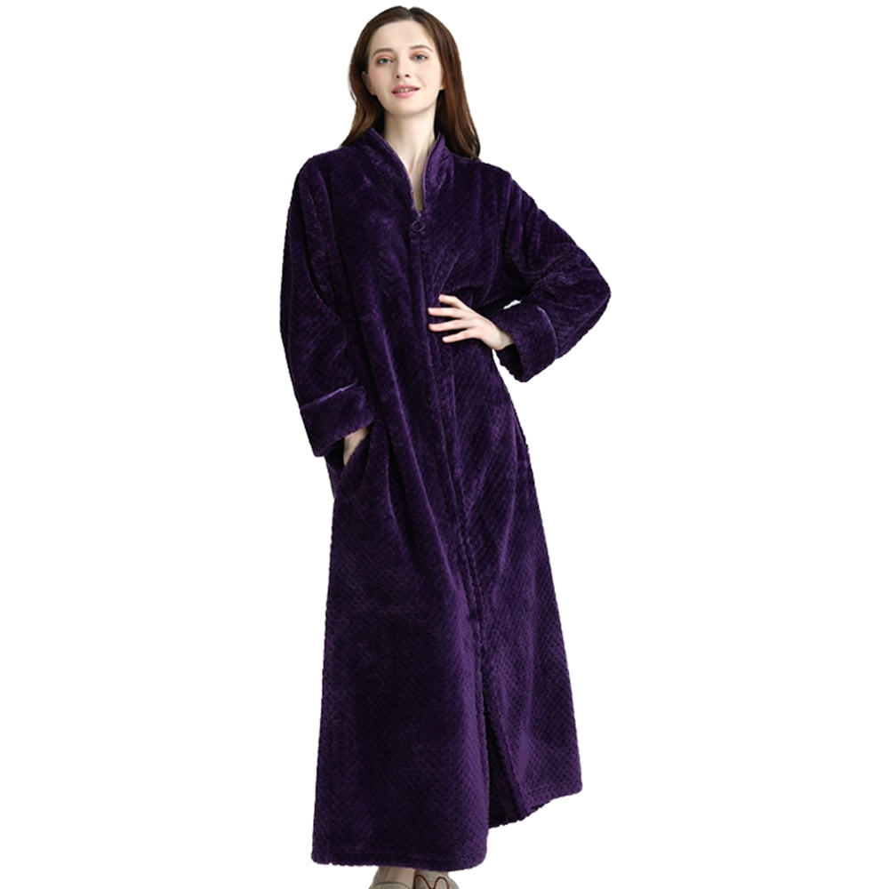 Poseca Long Bath Robe Zip Up Plush Soft Fleece Bathrobes Nightgown ...