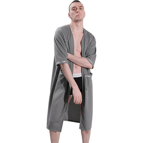Poseca Men Casual Loose 3/4 Sleeve Zipper Front Bathrobe Housecoat Full Length Nightgowns Loungewear with Pockets