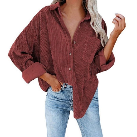 Poseca Women Corduroy Oversized Long Sleeve Shirt Button Down Blouses Tops Jacket