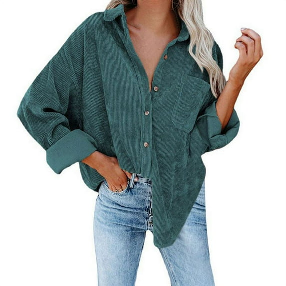 Poseca Women Corduroy Oversized Long Sleeve Shirt Button Down Blouses Tops Jacket