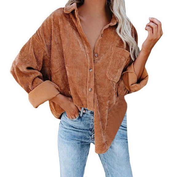 Poseca Women Corduroy Oversized Long Sleeve Shirt Button Down Blouses Tops Jacket