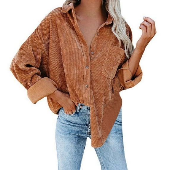 Poseca Women Corduroy Oversized Long Sleeve Shirt Button Down Blouses Tops Jacket