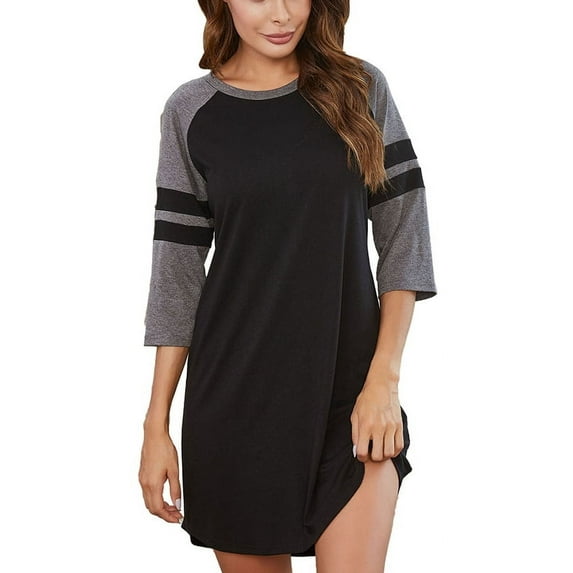 Poseca Women Nightgown 3/4 Sleeve Sleepshirt Comfy Scoopneck Nightgowns for Women Cozy Loungewear,Summer Cotton Loose Pajamas Sleepwear Above Knee Nightshirt Nightdress Boyfriend Shirt,Black XS-XL