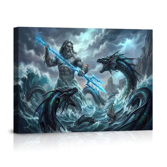 Poseidon Battling Sea Serpents In Stormy Seas Greek Mythology Oceanic Power Home Canvas