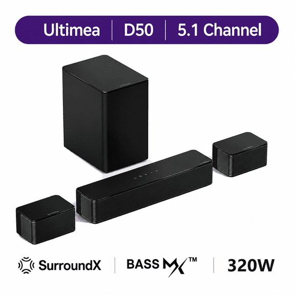 ULTIMEA 5.1 Virtual Surround Sound Bar, 320W Home Theater Surround System with Adjustable Speakers & Subwoofer, Bluetooth, Poseidon D50