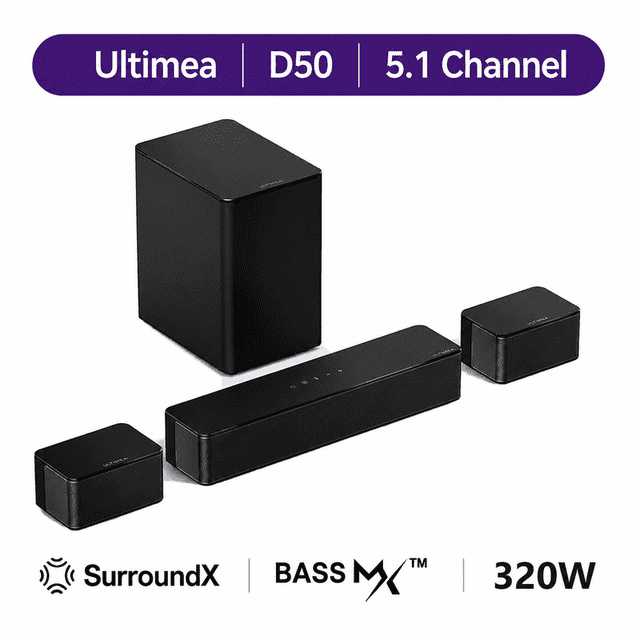 ULTIMEA 5.1 Virtual Surround Sound Bar, 320W Home Theater Surround System with Adjustable Speakers & Subwoofer, Bluetooth, Poseidon D50