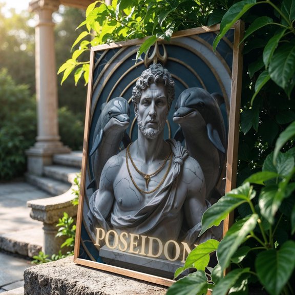 Poseidon Greek Sea God Classical Sculpture With Dolphins Decorative Wall Art Poster , Poster Print Only