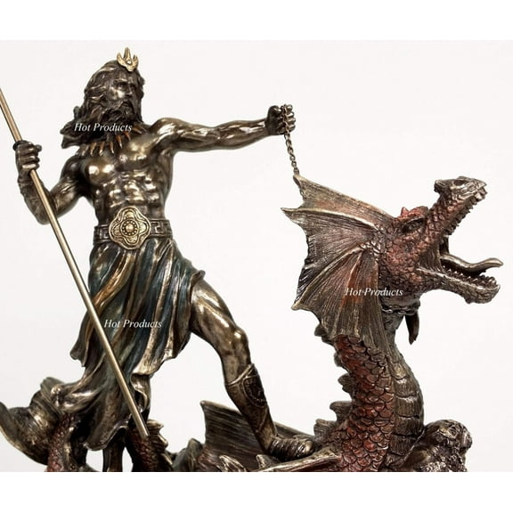 Poseidon With Trident Standing On Hippocampus, Cold Cast Bronze, 9 1/4 Inch Tall