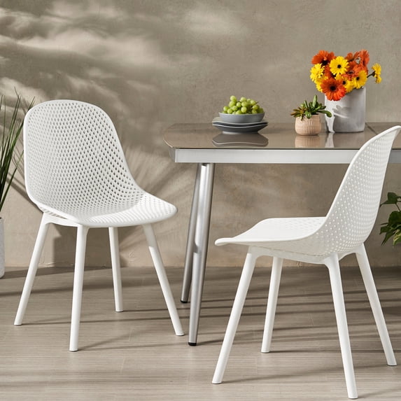 Posey Chair - White Outdoor Dining Chairs With Stability. Polypropylene For Weather Resistance. Stable Frames Diamond Mesh Pattern. Backyard Opulence. 18.83 In. Depth, 21.93 Width, 33.16 Height,