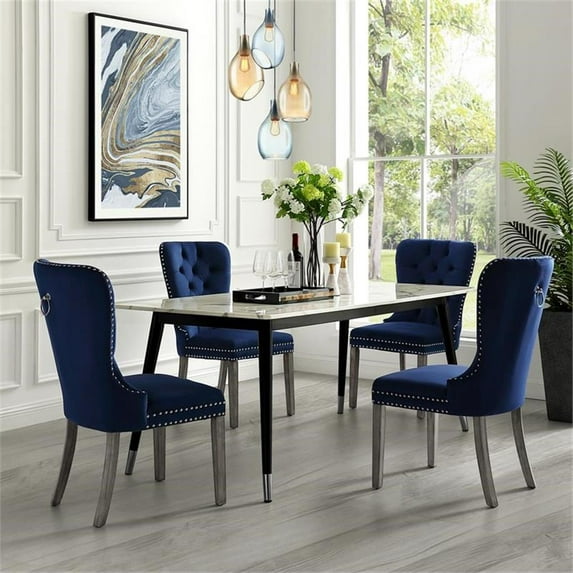 Posh Arthur Velvet Dining Chair with Nailhead Trim Navy Blue (Set of 2)