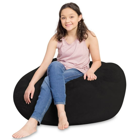 Posh Beanbags Kids Bean Bag Chair, Big Comfy Chair - Machine Washable Cover Soft Faux Rabbit Fur - Black 38 Inch Large