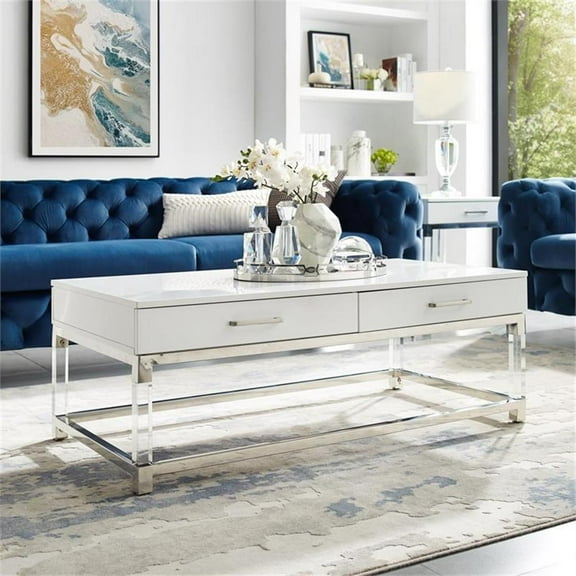 Posh Briar 2-Drawer Metal Coffee Table with Acrylic Legs in White/Chrome
