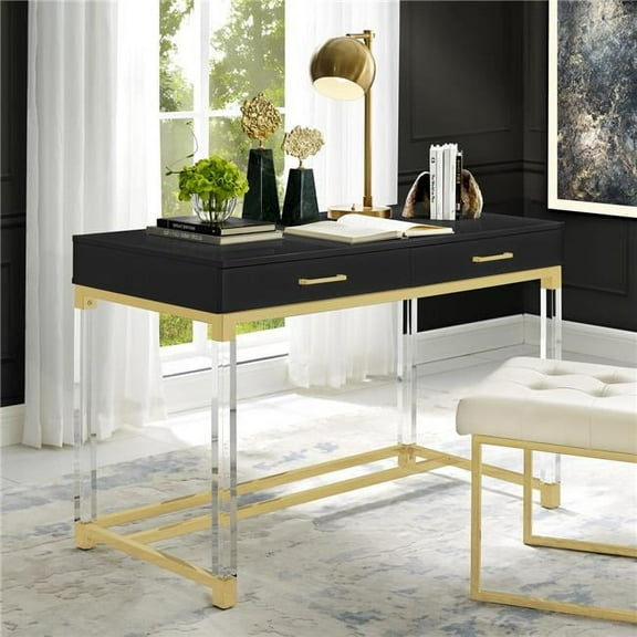 Posh Briar 2-Drawer Metal Writing Desk with Acrylic Legs in Black/Gold
