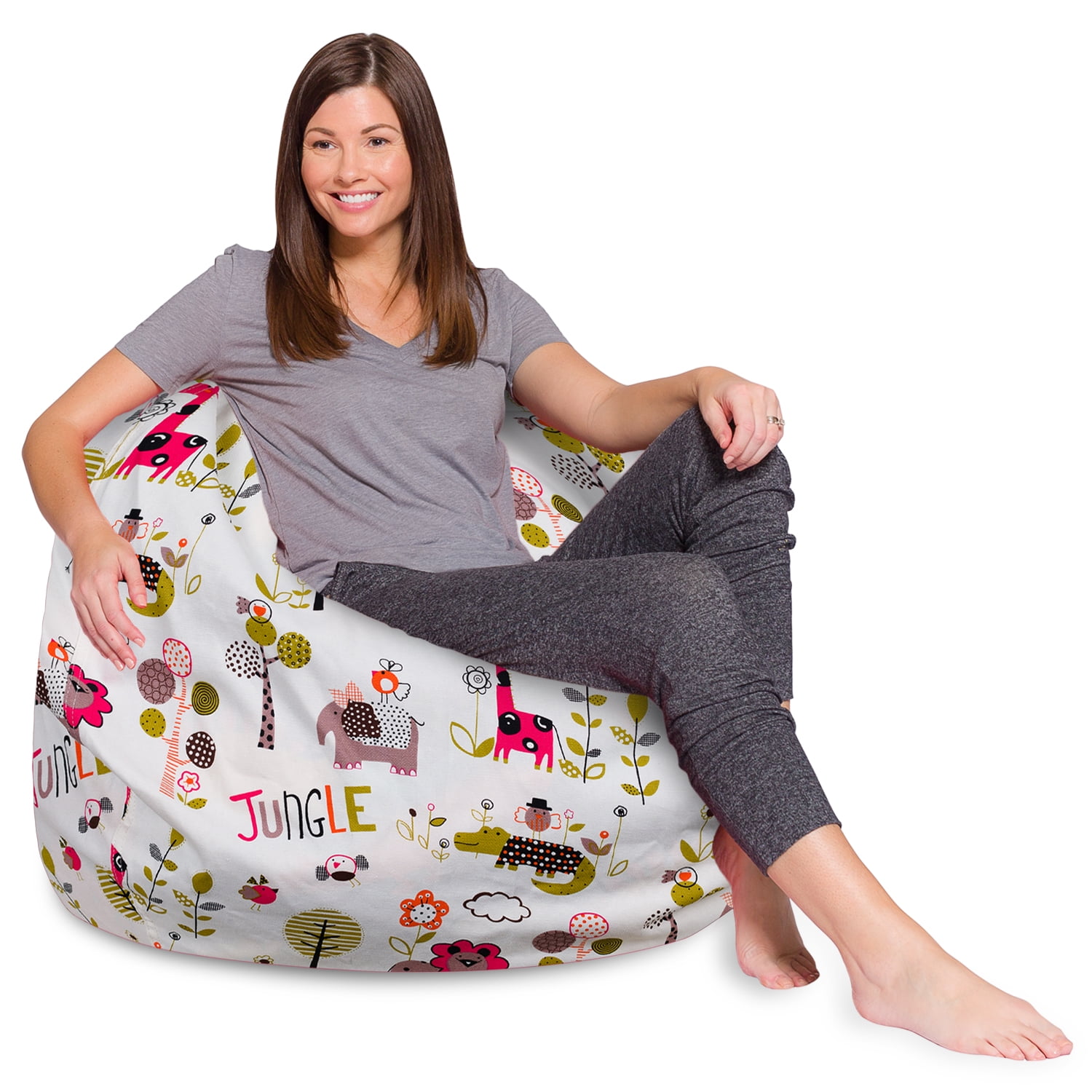 Posh Creations Bean Bag Chair, Adults, Kids, 4 ft, Canvas Jungle Animals on White