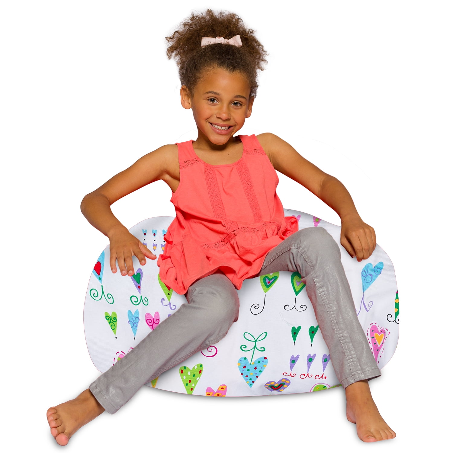 Medium White Canvas Bean Bag with Multicolor Hearts