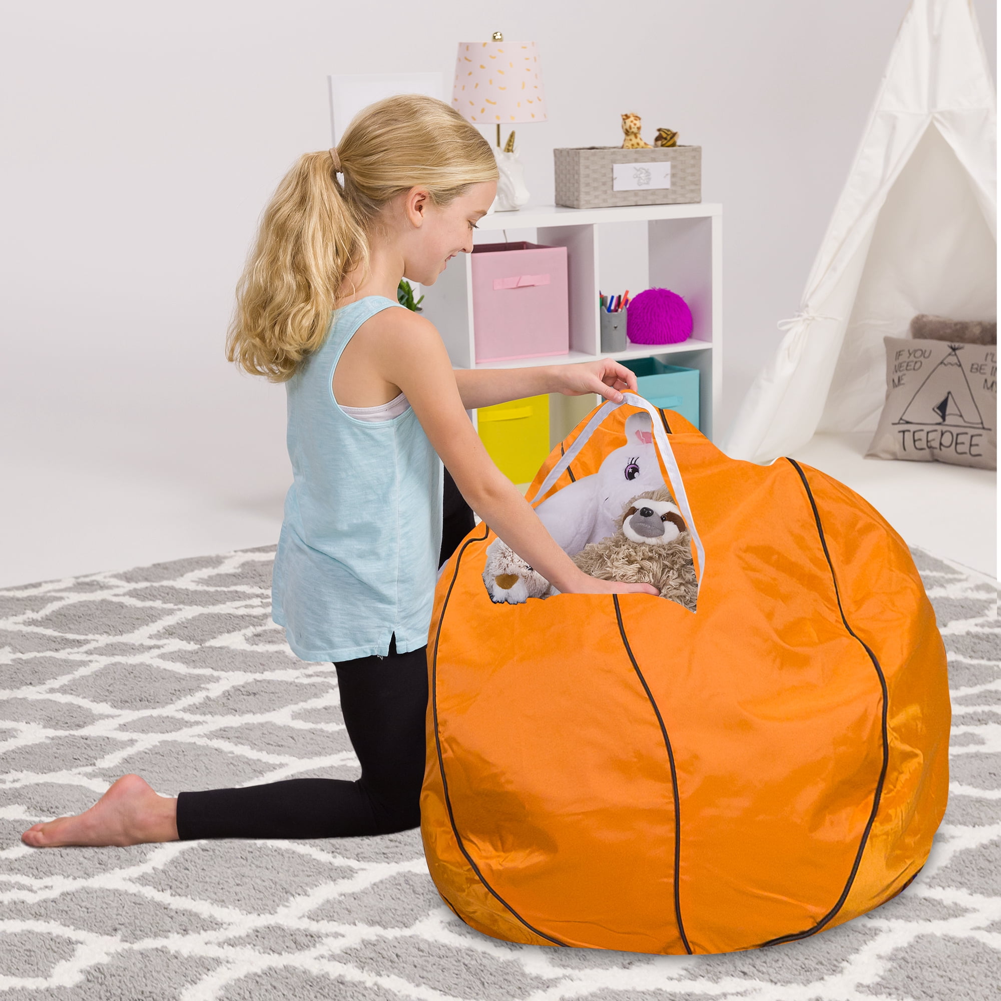 Posh Creations Bean Bag Stuffable Cover Only, Stuffed Animal Storage, Kids,Canvas, 4ft,Basketball Brown