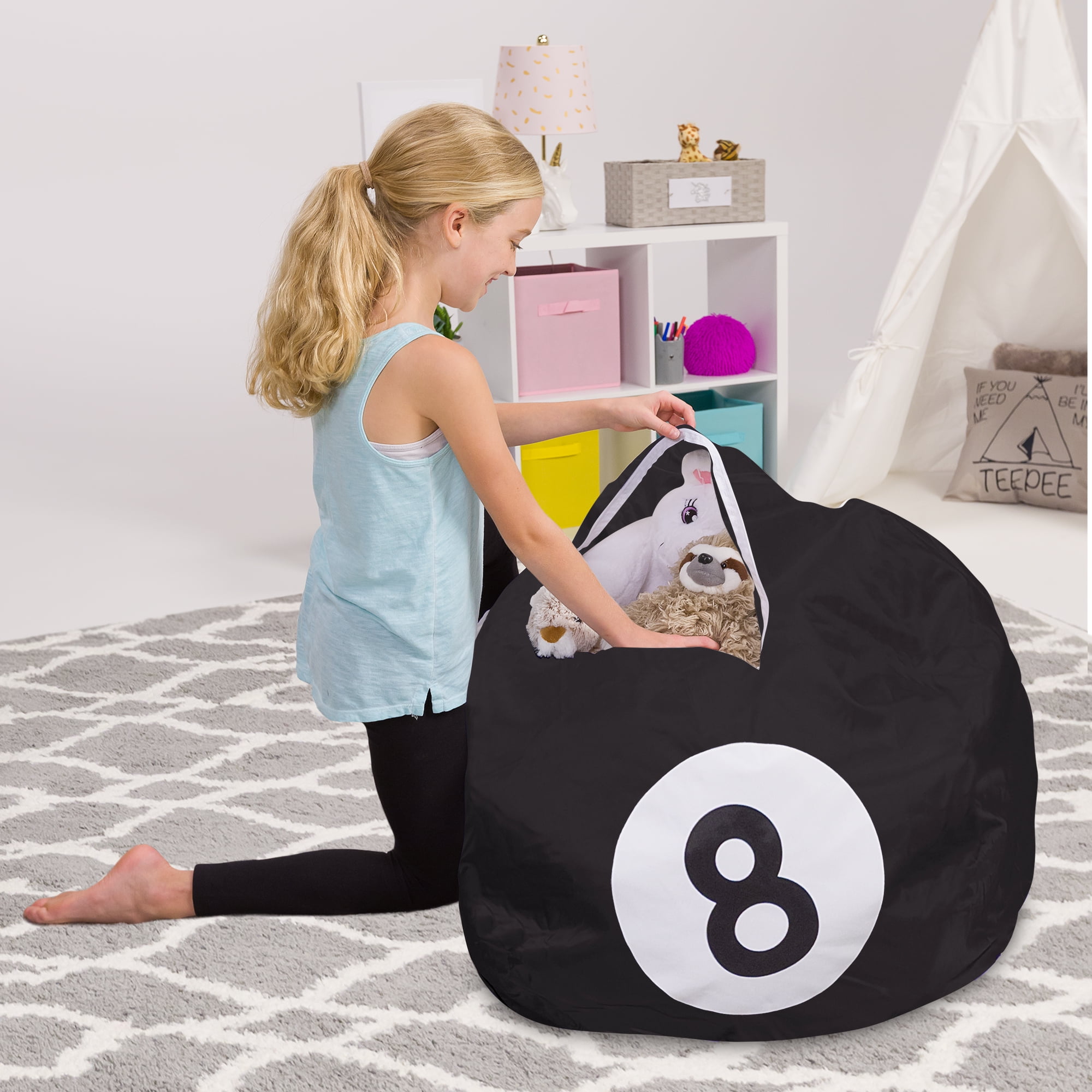 Posh Creations Bean Bag Stuffable Cover Only, Stuffed Animal Storage, Kids,Canvas, 4ft, Black 8-ball