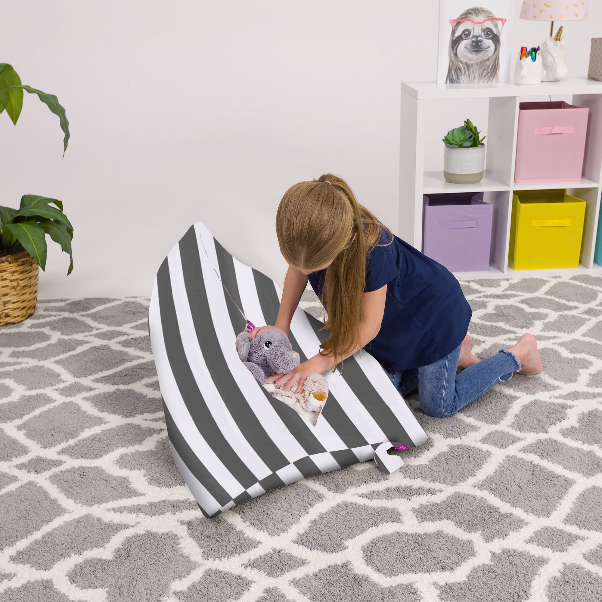 Posh Creations Bean Bag Stuffable Cover Only-Toy Organizer,Canvas,Kids, 3 ft,Gray Stripes